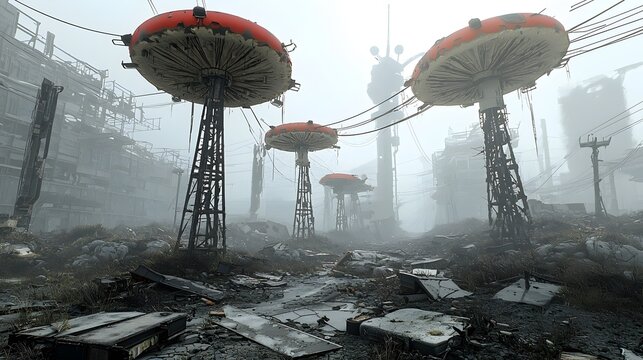 Concept art depicting a photo of a decaying post apocalyptic environment where gamma ray eating fungi have covered the abandoned crumbling structures creating an eerie surreal