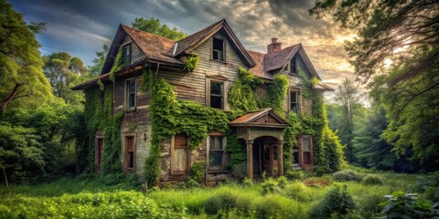 Fototapeta premium Creepy old abandoned house with broken windows and overgrown yard surrounded by dense foliage , broken windows
