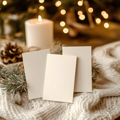 professional photo of 3 vertical business cards in a christmas setting warm white 3 cards