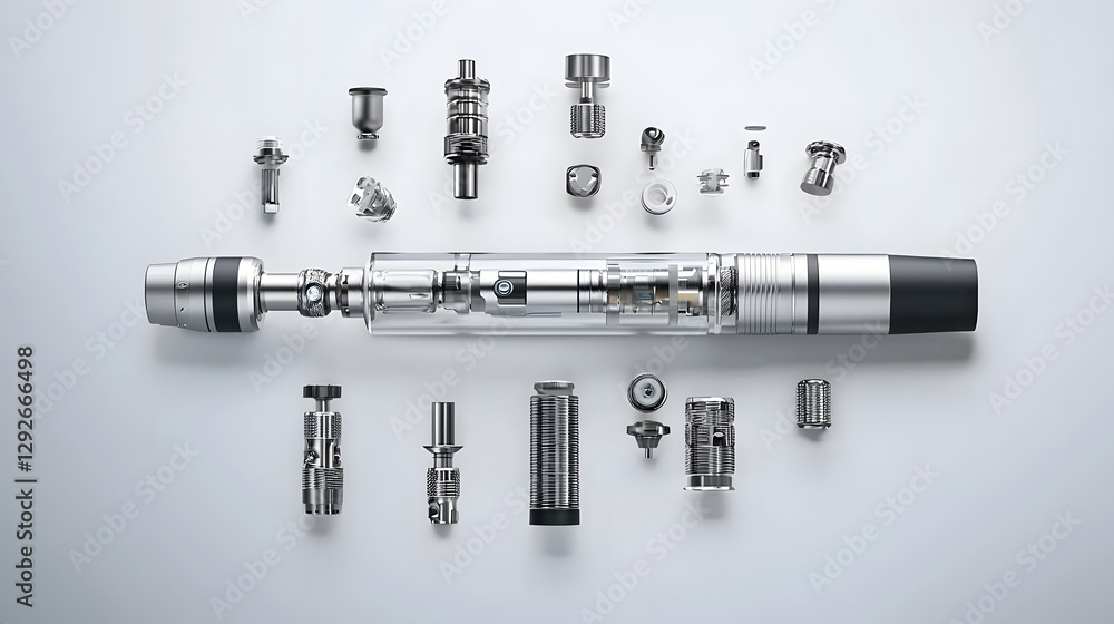 Poster Deconstructed image of a vape pen showing each individual part such as the atomizer coil battery and tank in suspended animation against a plain background  This technical