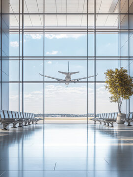 A modern airport with large windows and an airplane taking off in the background