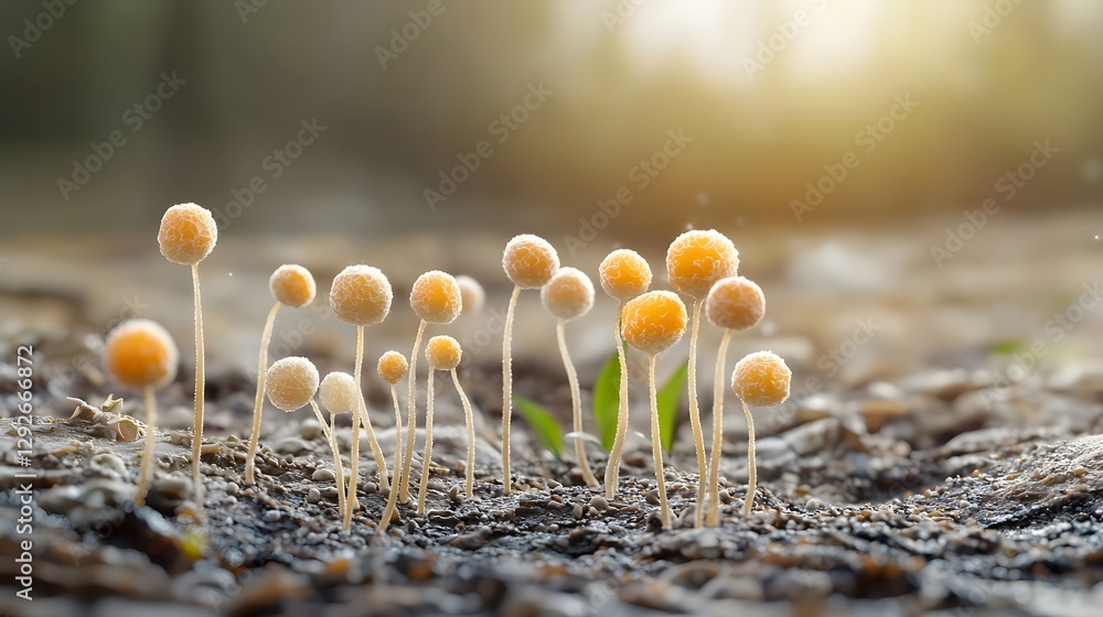 Poster Detailed 3D depicting the interaction between gamma rays and the melanin rich cell walls of fungi demonstrating the process of energy conversion within the organic structures