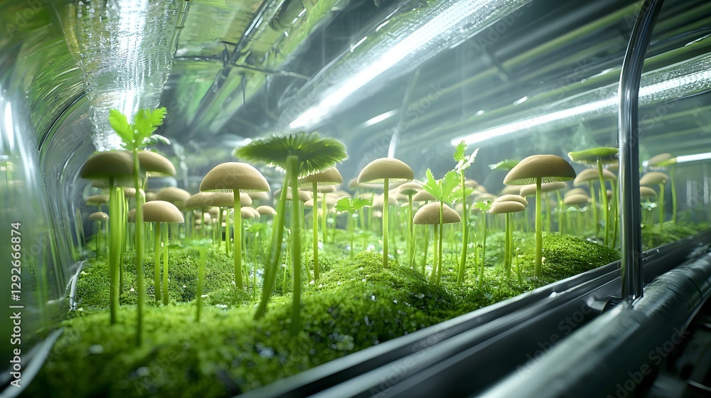 Poster depiction of fungi covered environments flourishing within space stations taking advantage of cosmic gamma radiation to sustain their growth in a surreal otherworldly setting