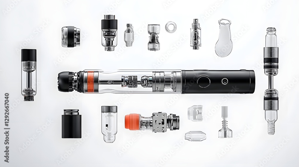 Poster detailed and deconstructed image of a vape pen showing each individual component including the atomi