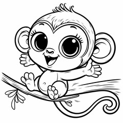 Fototapeta premium Funny line art sketch of a happy monkey swinging from a tree for coloring book