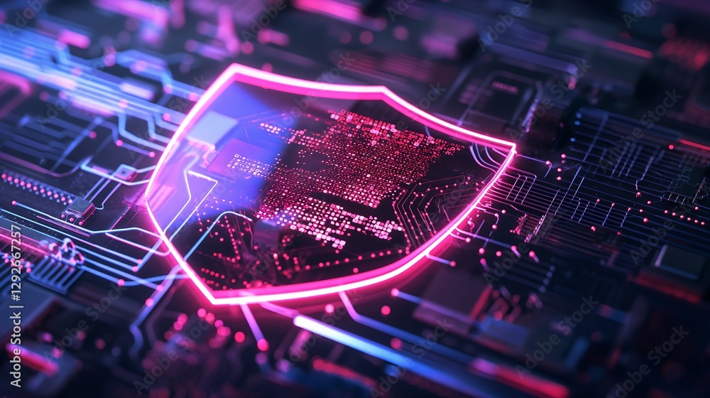 Poster a 3d visualization of a digital shield protecting a network from cyber threats, with glowing lines o