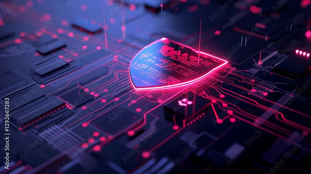 Poster a 3d visualization of a digital shield protecting a network from cyber threats, with glowing lines o
