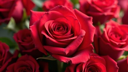 Obraz premium A beautiful happy birthday rose in full bloom, surrounded by other vibrant red roses.