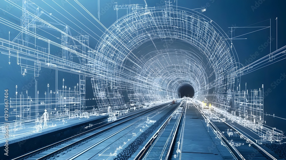 Poster Detailed blueprint style visualization showcasing different phases of a railway tunnel construction project including the engineering architecture and infrastructure development processes