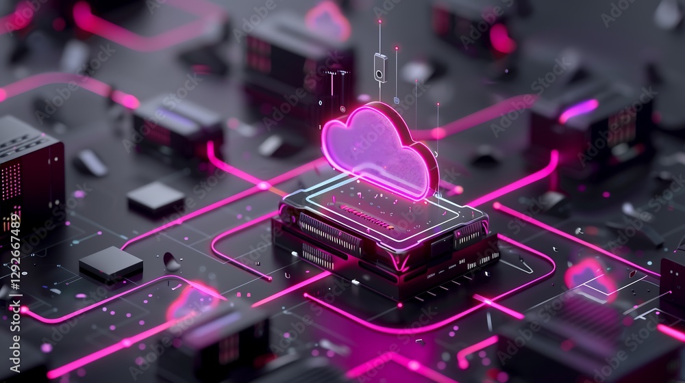 Poster a 3d visualization of a secure cloud storage system, with data packets flowing safely into a protect