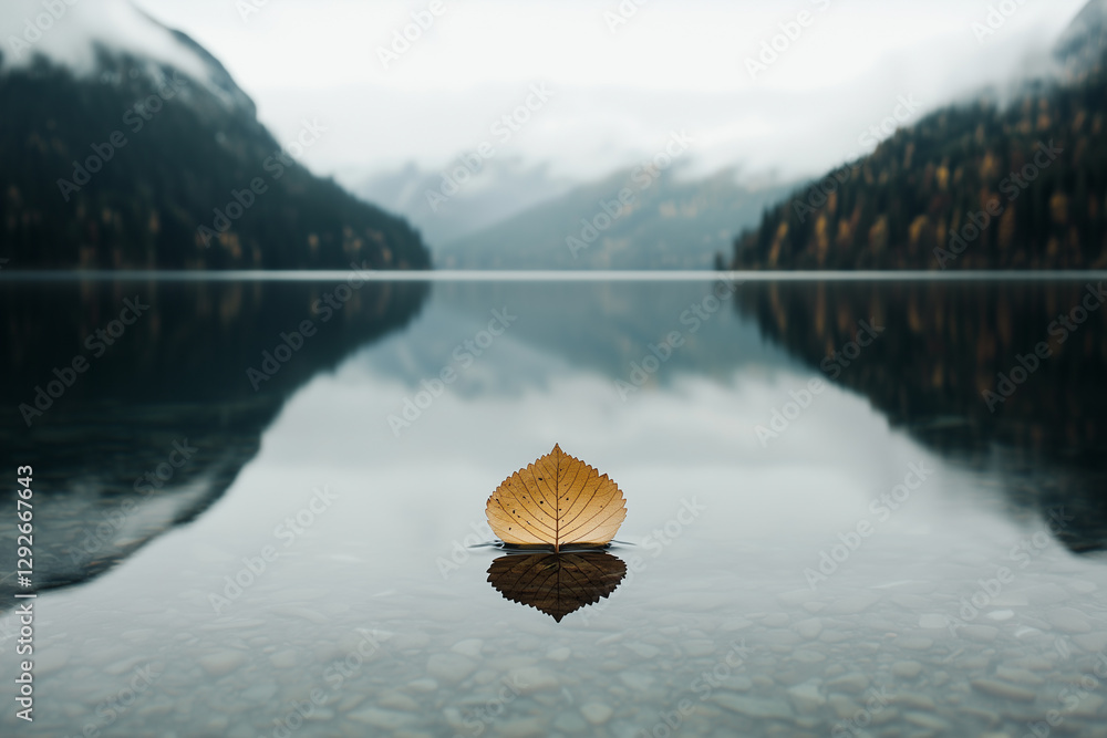 Poster single leaf floats on reflective water surface, surrounded by misty mountains and serene landscape. 