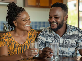 couple sitting at table, smiling and holding glasses of water, enjoying moment together in cozy kitchen setting