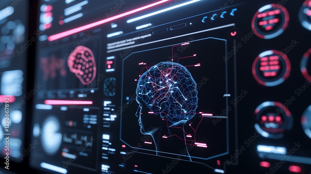 Poster a futuristic interface showing a cybersecurity ai analyzing and neutralizing threats in real-time, w