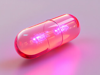 Bright pink capsule with glowing lights, representing health and pharmaceutical innovation.