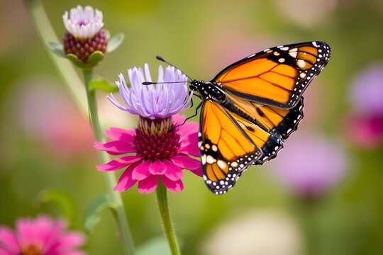 A close-up of a monarch butterfly resting on a wildflower