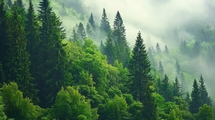 Fototapeta premium misty forest with tall pine trees