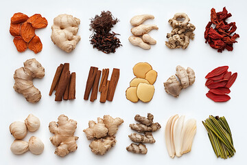 Fototapeta premium Exploring unique spices and herbs arrangement culinary arts food photography minimalist style top-down view natural ingredients