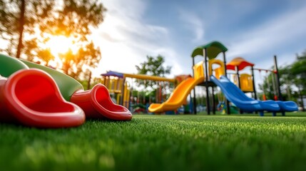 Colorful and inviting playground equipment including slides swings and climbing structures set in a lush sunlit outdoor environment perfect for recreational activities and family fun