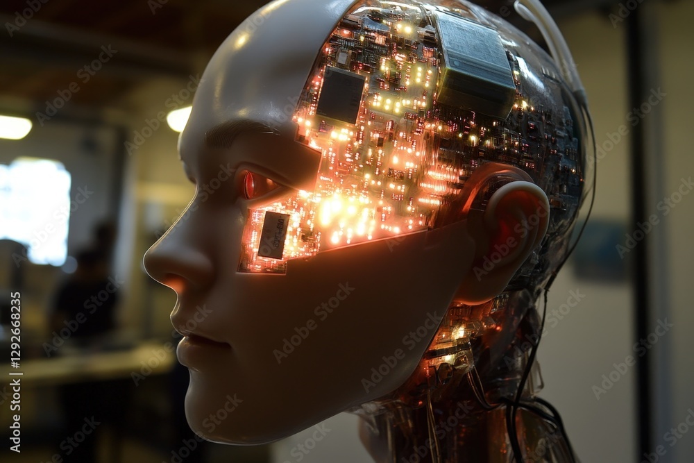 Poster a glowing ai chip embedded in a human-like robot head