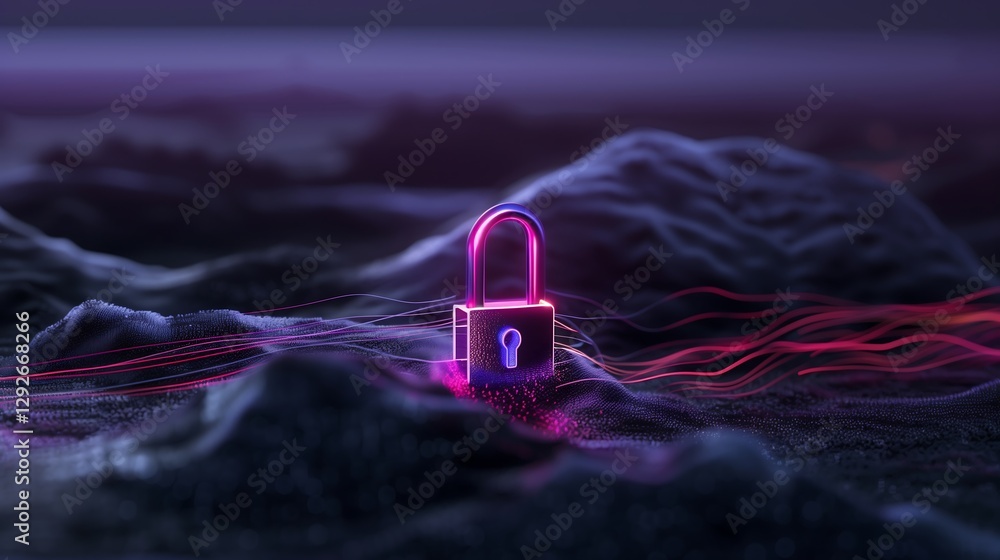 Poster a glowing padlock hovering over a digital landscape, representing data security, with streams of enc