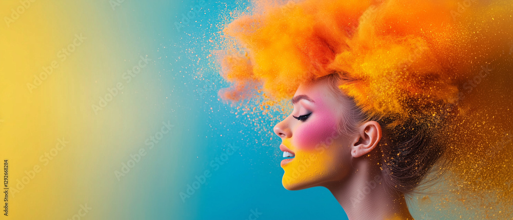 Poster woman with vibrant orange hair and colorful makeup is captured in profile against gradient backgroun
