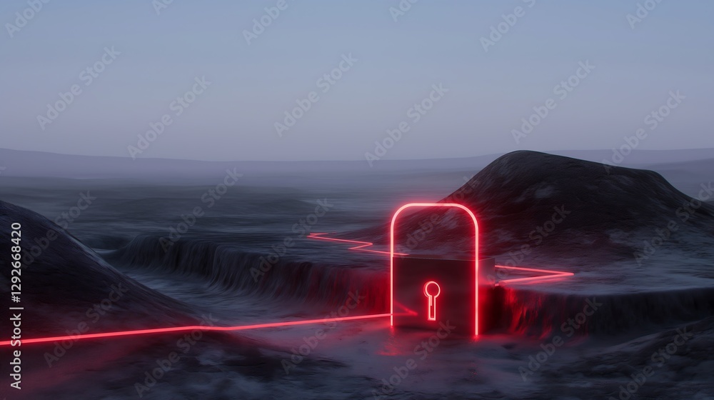 Poster a glowing padlock hovering over a digital landscape, representing data security, with streams of enc