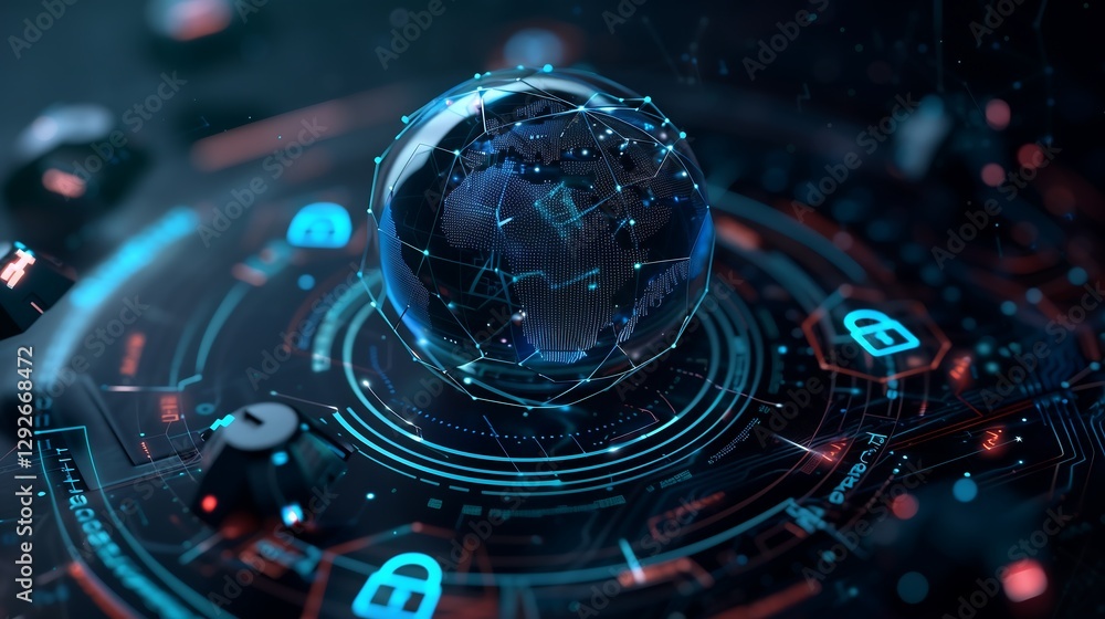 Poster a holographic globe surrounded by floating cybersecurity icons like locks, shields, and binary code,