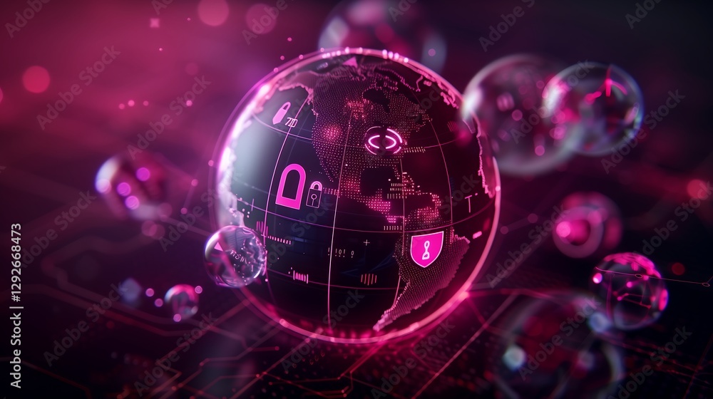 Poster a holographic globe surrounded by floating cybersecurity icons like locks, shields, and binary code,