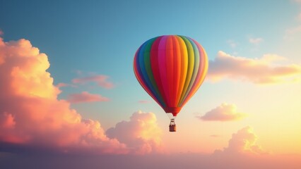 Naklejka premium A colorful hot air balloon basket floats in the sky during a beautiful sunset.