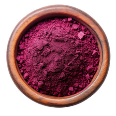 beetroot powder in a wooden bowl top view isolated on transparent white background, clipping path