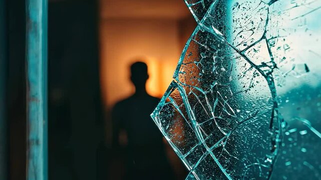 A dark silhouette of a person stands behind shattered glass, creating a tense and mysterious atmosphere, symbolizing crime, danger, and intrigue.