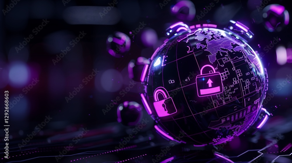 Poster a holographic globe surrounded by floating cybersecurity icons like locks, shields, and binary code,