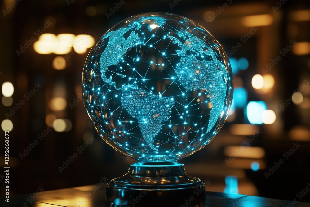 Poster a glowing hologram of a globe displaying interconnected data points