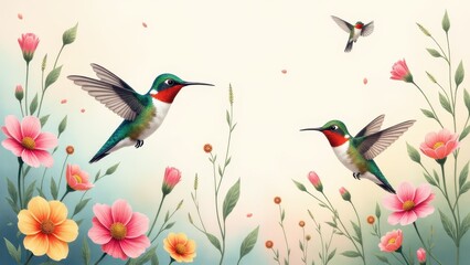 Hummingbird wallpaper featuring two colorful hummingbirds hovering among vibrant pink and yellow flowers.