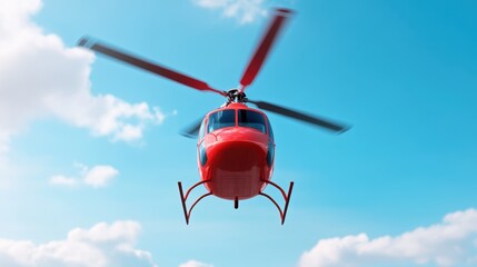 Vibrant red helicopter soars against a backdrop of fluffy clouds and clear blue sky, symbolizing freedom and adventure