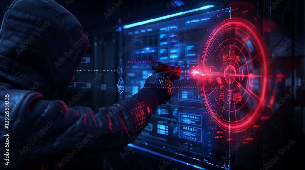 Poster a virtual display of a hacker attempting to breach a firewall, with red attack lines being deflected
