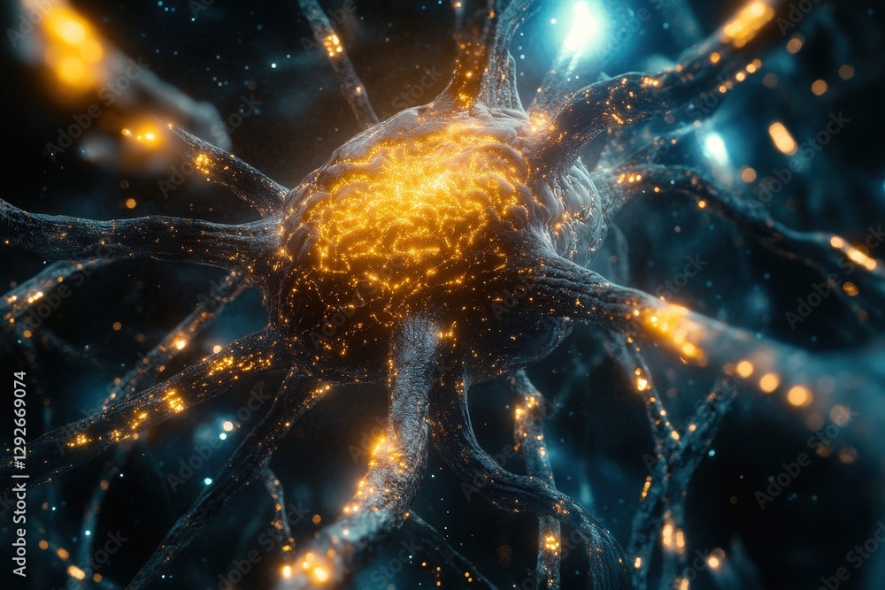 Poster a glowing neural network interface connecting to a human brain