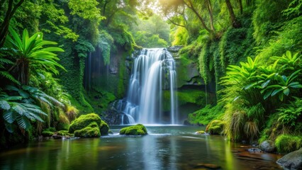 Dense foliage surrounding a serene waterfall in the heart of the forest , peaceful, nature,  peaceful, nature, forest