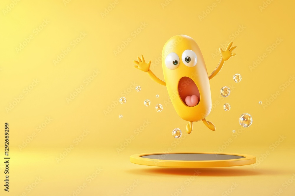 Poster exclamation mark bouncing on a trampoline animated scene playful environment fun concept