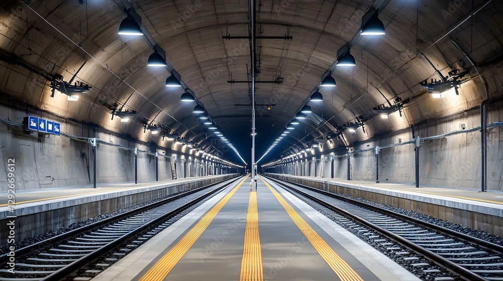 Aufkleber Detailed view of a large scale railway tunnel with an extensive ventilation and lighting infrastructure system installed during the construction phase  The tunnel features a modern