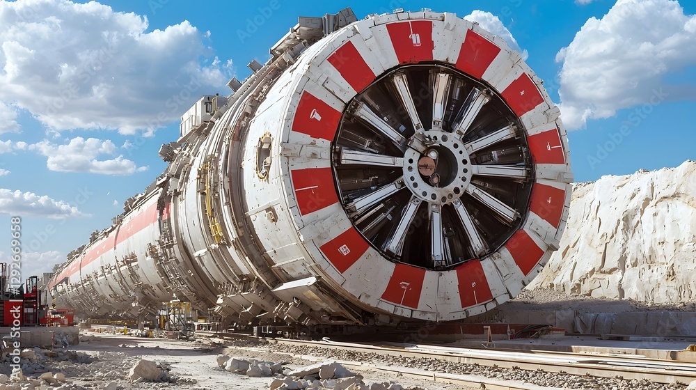 Poster Detailed view of a modern powerful tunnel boring machine TBM carving its way through solid rock to create a tunnel for a high speed railway system