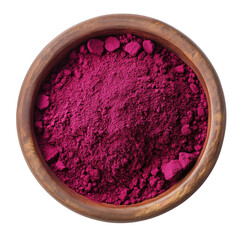 beetroot powder in a wooden bowl top view isolated on transparent white background, clipping path