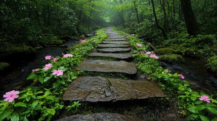 Obraz premium Hiking path through misty forest with pink flowers