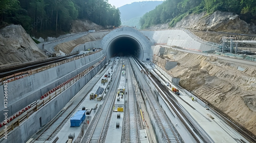 Poster detailed visualization of the installation and of drainage and waterproofing systems within a railwa