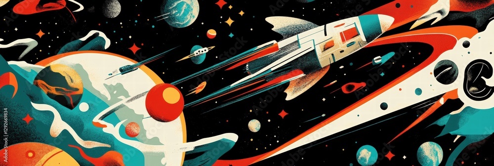 Poster a graphic illustration of space exploration with planets and spacecraft