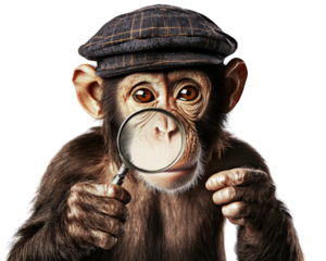 monkey wearing detective hat holds magnifying glass, showcasing curiosity and intelligence. This playful scene captures essence of investigation and fun