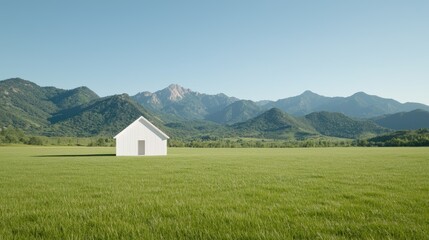 White House in a Green Valley, Mountains in Background.  Possible Use Stock Photo