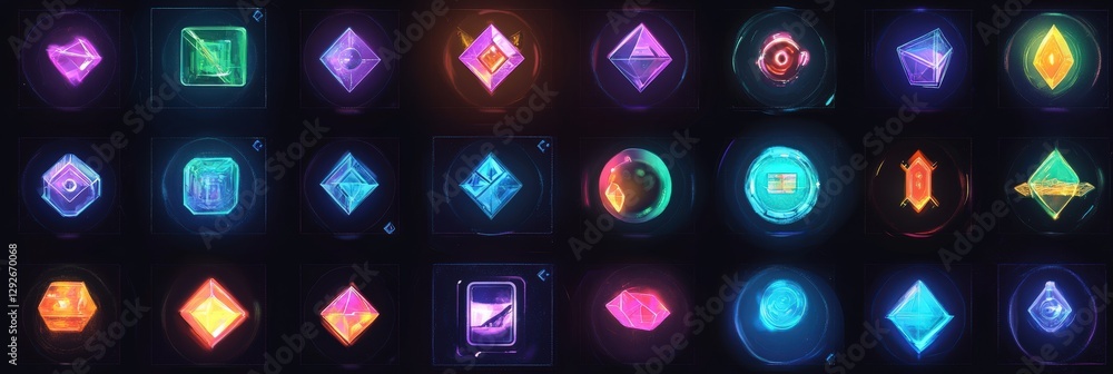Poster a grid layout of interactive holographic icons for futuristic apps