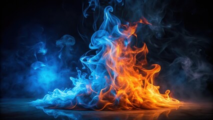 A vibrant fiery blue flame dancing atop a dark and mysterious black background, surrounded by wisps of smoke and subtle hints of orange glow , dramatic scene, flame dance