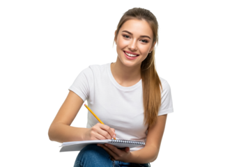Smiling Student Writing Notes, transparent PNG, isolated, cut-out